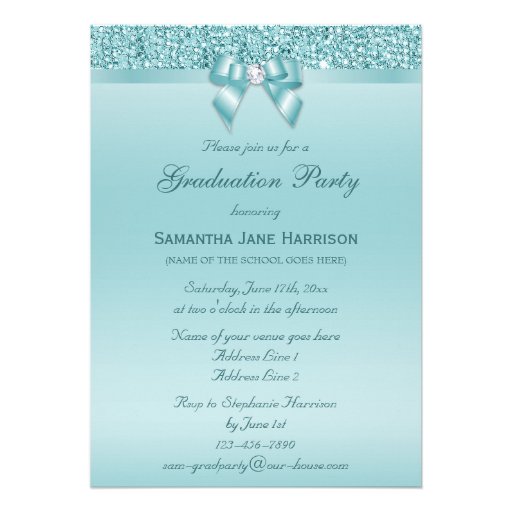 Glamorous Teal Jewels Bow Girls Graduation Party Custom Announcements