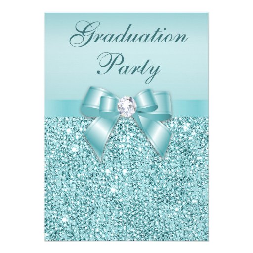 Glamorous Teal Jewels Bow Girls Graduation Party Custom Announcements (front side)