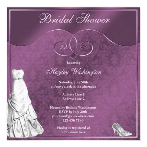 Glamorous Wedding Gown Purple Bridal Shower Personalized Invite