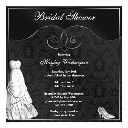 Glamorous White Gown Black Silver Bridal Shower Custom Invitation