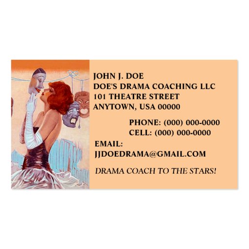 GLAMOUR GIRL & THEATER MASKS DRAMA BUSINESS CARD (front side)