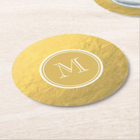 Glamour Gold Foil Background Monogram Round Paper Coaster