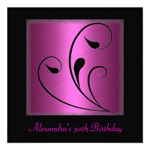 Glamour Hot Pink Black Floral Birthday Party Personalized Announcements