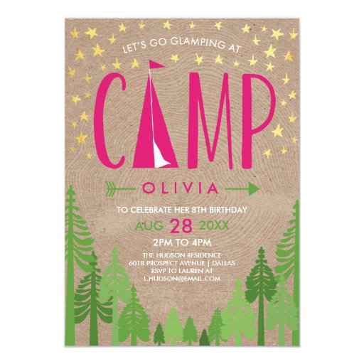 Glamping Birthday Party Invitation 5" X 7" Invitation Card (front side)