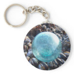 Glass float on blue mussels key chain