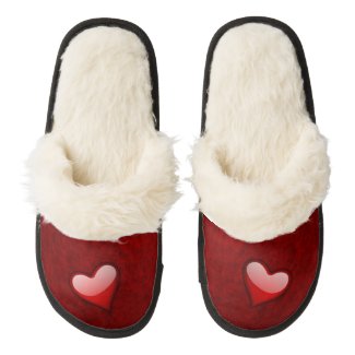 Glass Heart on Red Wool Pair Of Fuzzy Slippers