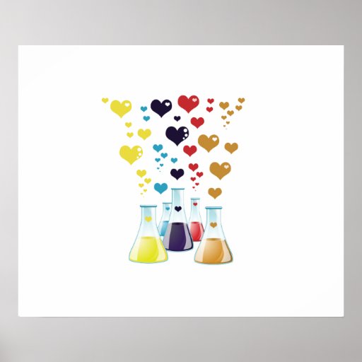 Glass Lab Bottle Red Blue Yellow Purple Hearts Posters