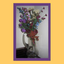Glass pitcher with purple flowers Print posters
