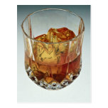 Glass tumbler filled with scotch and ice cubes postcard