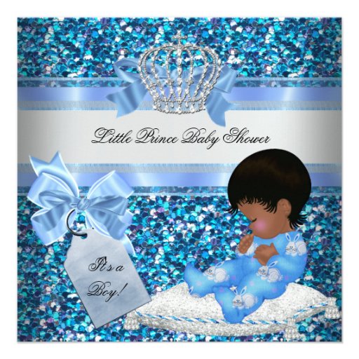 Glitter Baby Shower Boy Blue Little Prince Bunnies Personalized Invitations
