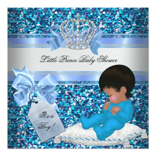 Glitter Baby Shower Boy Blue Little Prince Crown 2 Invite (front side)