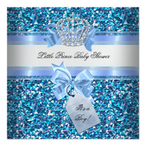 Glitter Baby Shower Boy Blue Little Prince Crown Invitations
