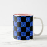 Glitter blue and black checkered pattern coffee mugs