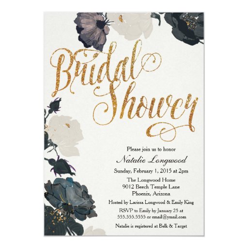 Glitter Bridal Shower Invitation, Elegant Floral (front side)