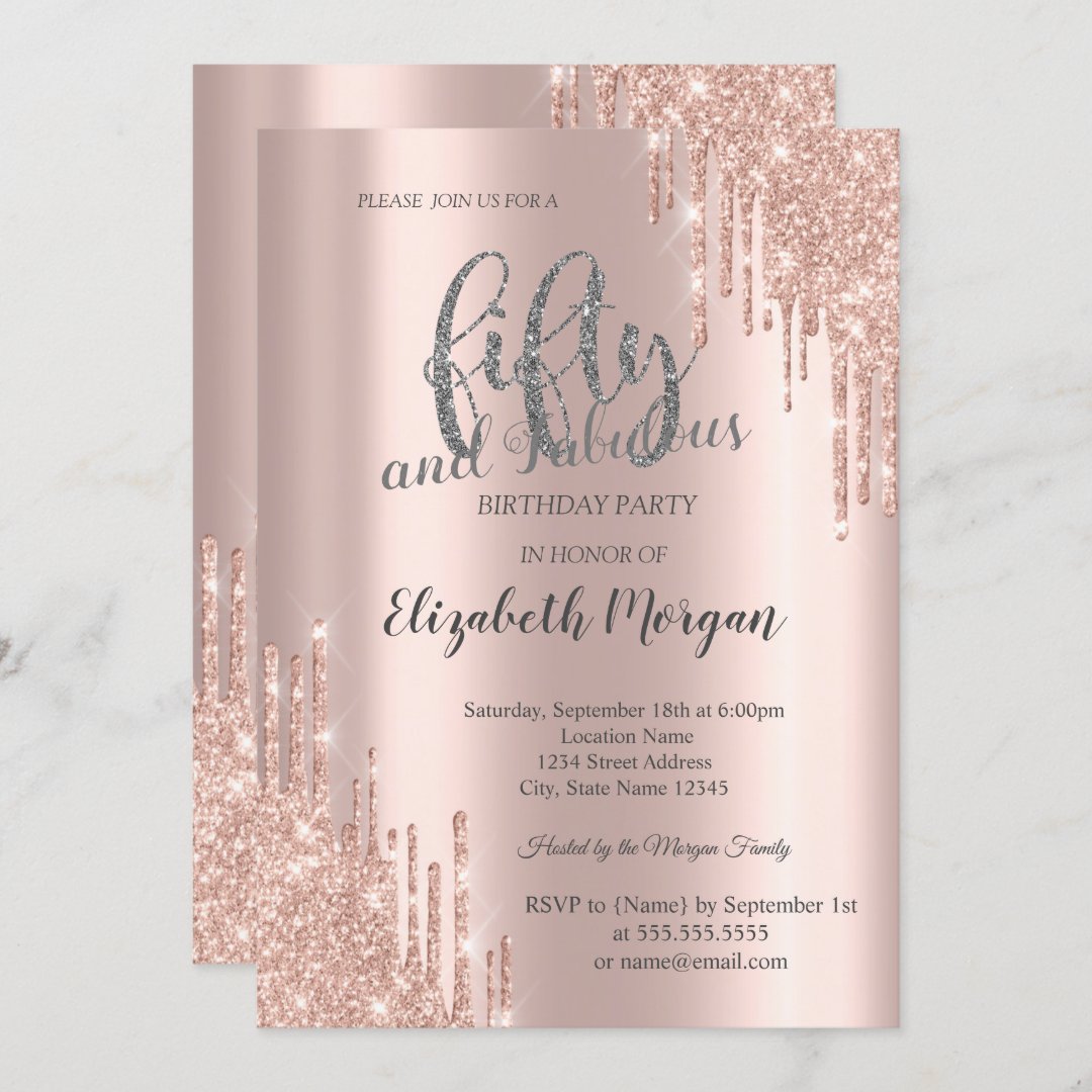 Glitter Drips Rose Gold 50th Birthday Party Invitation Zazzle