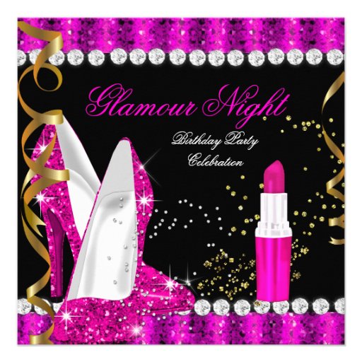 Glitter Glamour Hot Pink Gold Black Birthday Personalized Invite