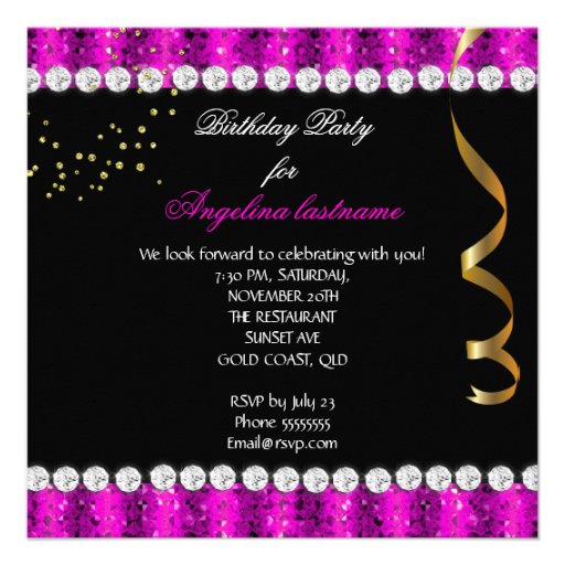 Glitter Glamour Hot Pink Gold Black Birthday Personalized Invite