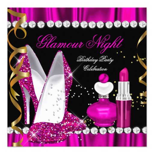 Glitter Glamour Night Deep Pink Gold Black Party 2 Custom Invites