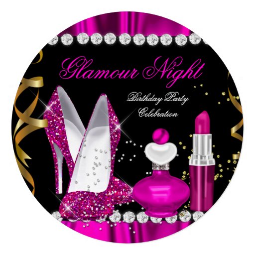 Glitter Glamour Night Deep Pink Gold Black Party a Custom Invitations