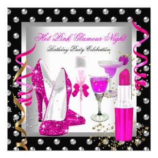 Glitter Glamour Night Pink Silver Birthday Party Personalized Announcements
