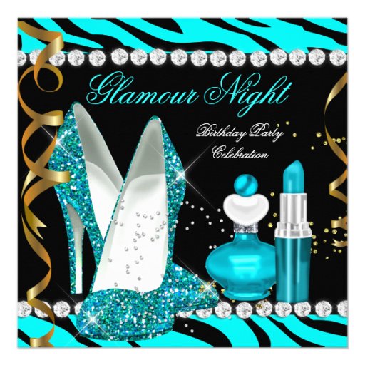 Glitter Glamour Night Teal Blue Gold Black Zebra Personalized Announcement
