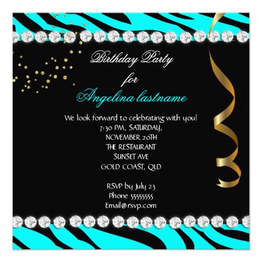 Glitter Glamour Night Teal Blue Gold Black Zebra Personalized Announcement