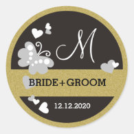       Glitter Gold  And Black Butterfly Wedding Monogram Classic Round Sticker    Glitter Gold  And Black Butterfly Wedding Monogram Classic Round Sticker