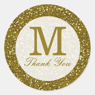 Glitter Gold Monogram Thank You Classic Round Sticker