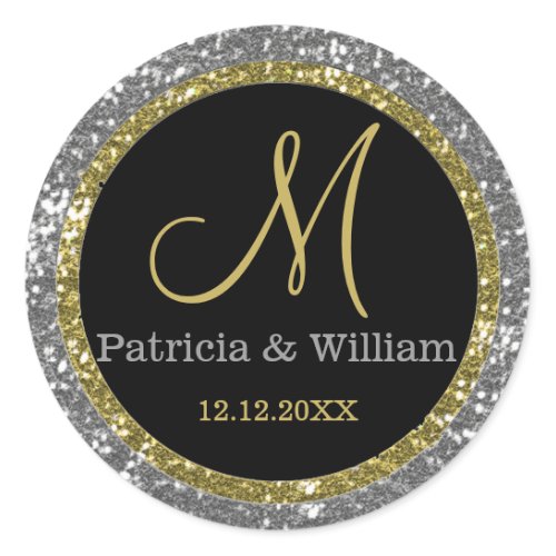Glitter Gold Wedding Monogram Seals Classic Round Sticker