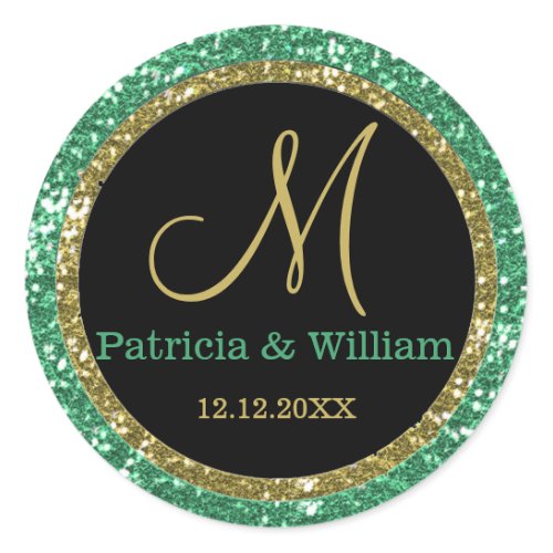 Glitter Gold Wedding Monogram Seals Classic Round Sticker
