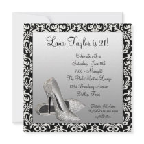 Glitter High Heels Black Damask Birthday Party Personalized Invitation