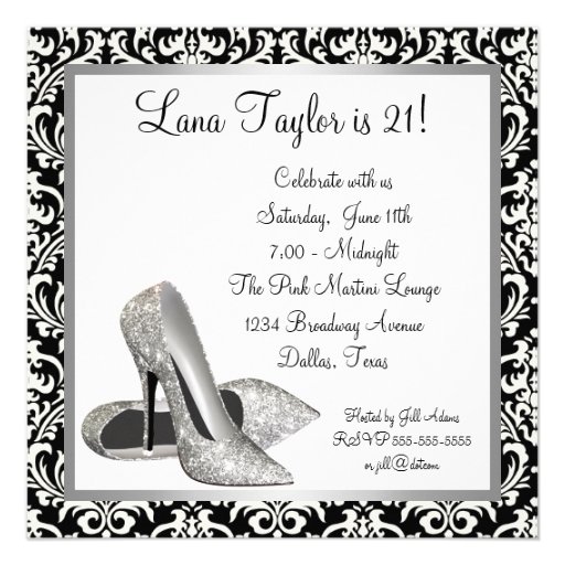 Glitter High Heels Black Damask Birthday Party Personalized Invites (front side)