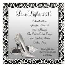 Glitter High Heels Black Damask Birthday Party Personalized Invitation