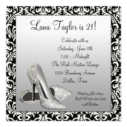 Glitter High Heels Black Damask Birthday Party Personalized Invitation (front side)