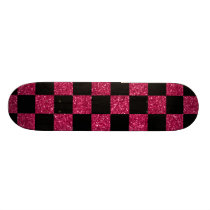 Glitter hot pink and black checkered pattern skate board deck