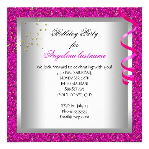 Glitter Hot Pink Glamour Night Martini Party Custom Invites