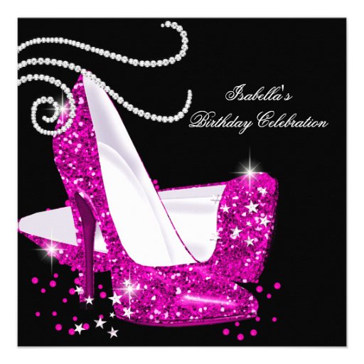 Glitter Hot Pink High Heels Black Birthday Party Invites