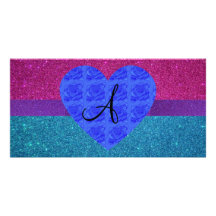 Glitter monogram blue roses customized photo card