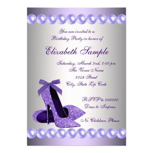 Glitter Pearls Purple High Heels Shoes Birthday Invite