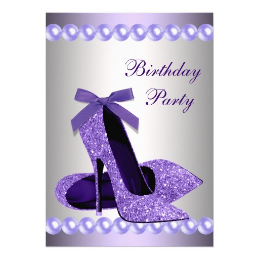 Glitter Pearls Purple High Heels Shoes Birthday Invite