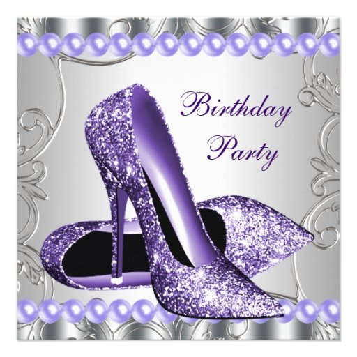Glitter Pearls Purple High Heels Shoes Birthday Personalized Invites