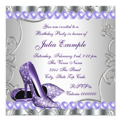 Glitter Pearls Purple High Heels Shoes Birthday Personalized Invites