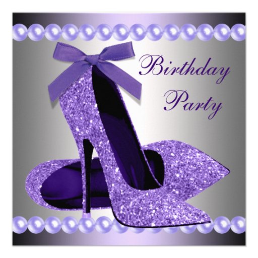 Glitter Pearls Purple High Heels Shoes Birthday Custom Invitation (front side)