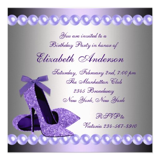 Glitter Pearls Purple High Heels Shoes Birthday Custom Invitation