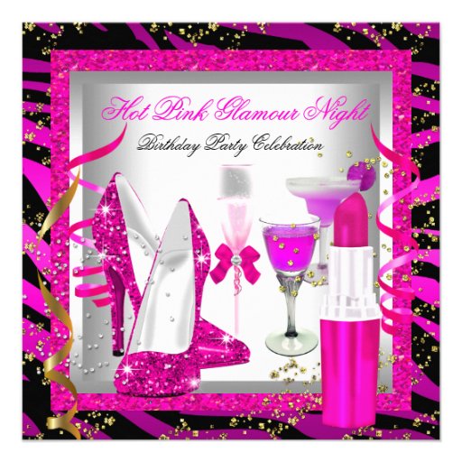 Glitter Pink Zebra Glamour Night Birthday Party Personalized Announcements