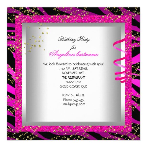 Glitter Pink Zebra Glamour Night Birthday Party Personalized Announcements