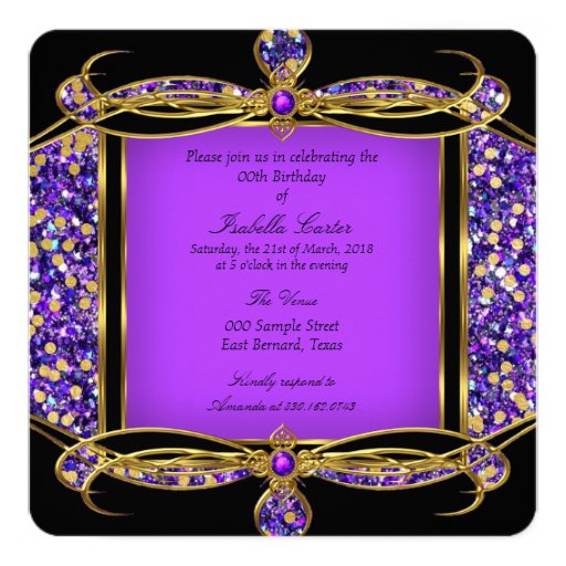 Glitter Purple Gold Black Birthday Party Invitation | Zazzle