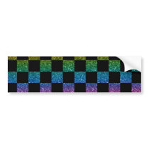 Glitter rainbow and black checkered pattern bumper sticker
