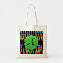 Glitter rainbow zebra stripes monogram tote bags