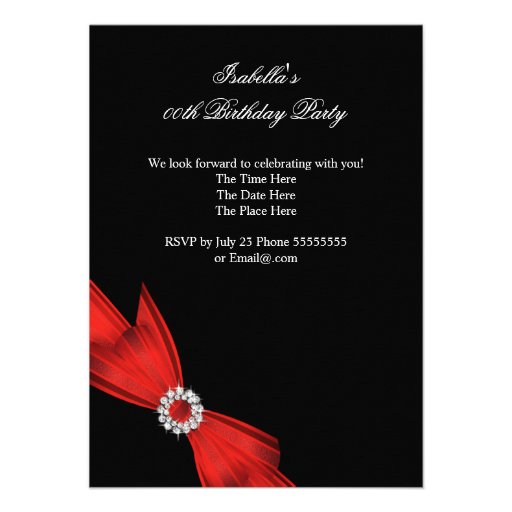 Glitter Red Diamond Bow Black Birthday Party 2 Personalized Announcements